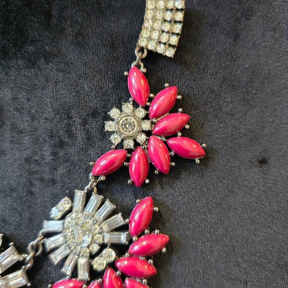 Womens Pink Rhinestone Flower Shaped Silver Tone Chain Necklace with Lobster Cla - Picture 4 of 7